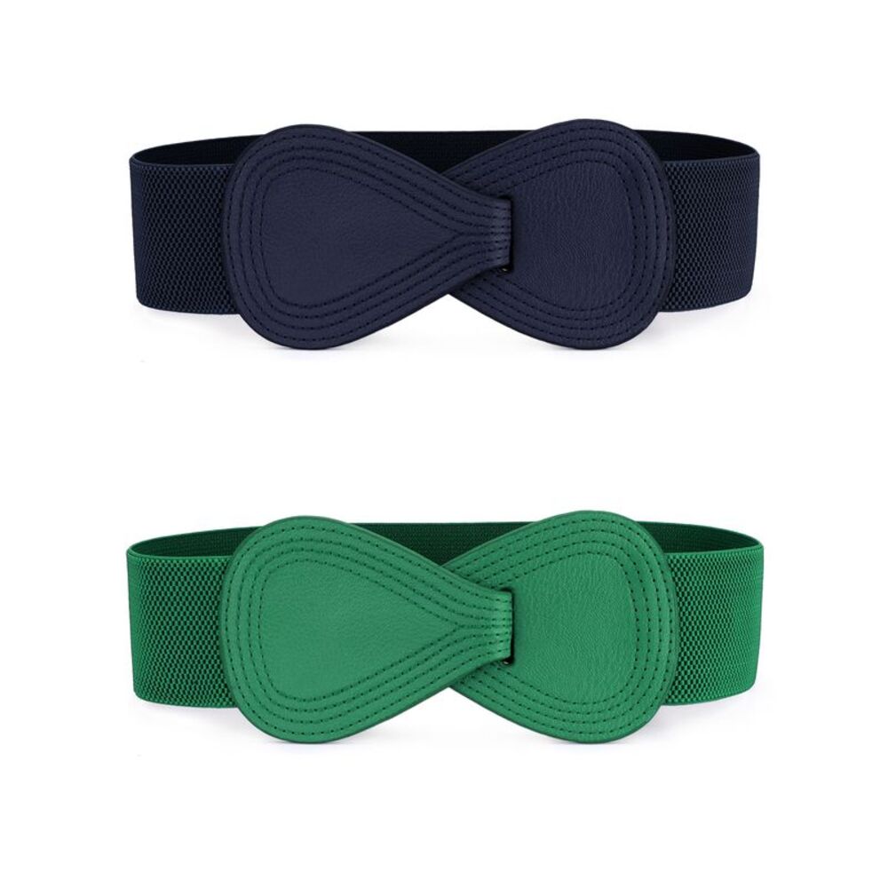 2pcs Plus Size Elastic Waist Belt Interlock 8-shaped Faux Leather Buckle Belts